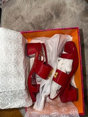 Tory Burch Red Patent Leather Heeled Sandals with Gold Hardware